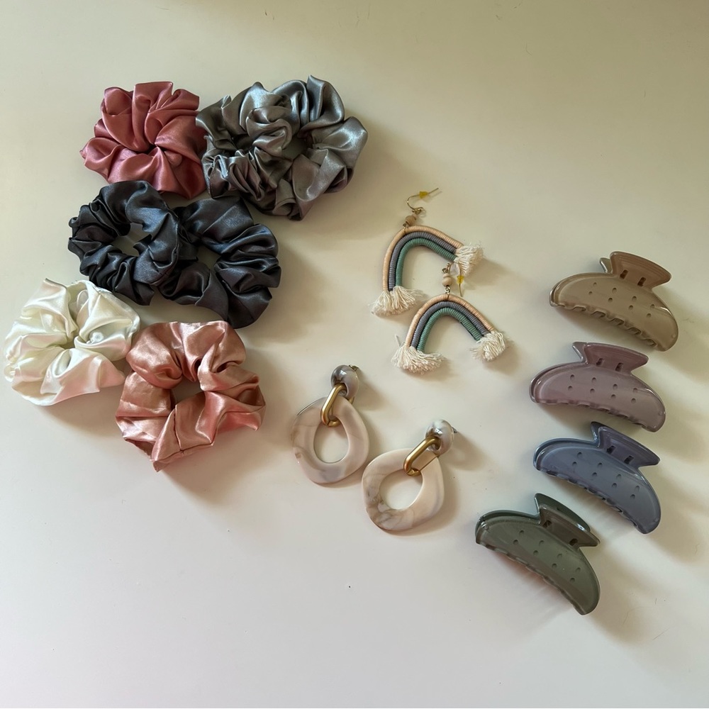 Satin Matte Scrunchies Banana Clips Rainbow Pastel Earrings Bundle Accessories